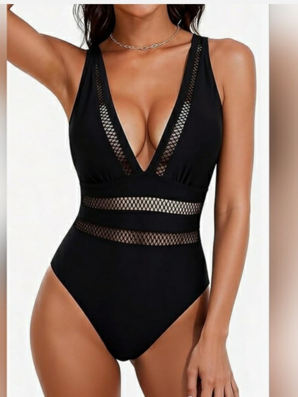 SHEIN BLACK DEEP V MESH ONE PIECE CHEEKY SWIM BATHING SUIT SIZE MEDIUM
